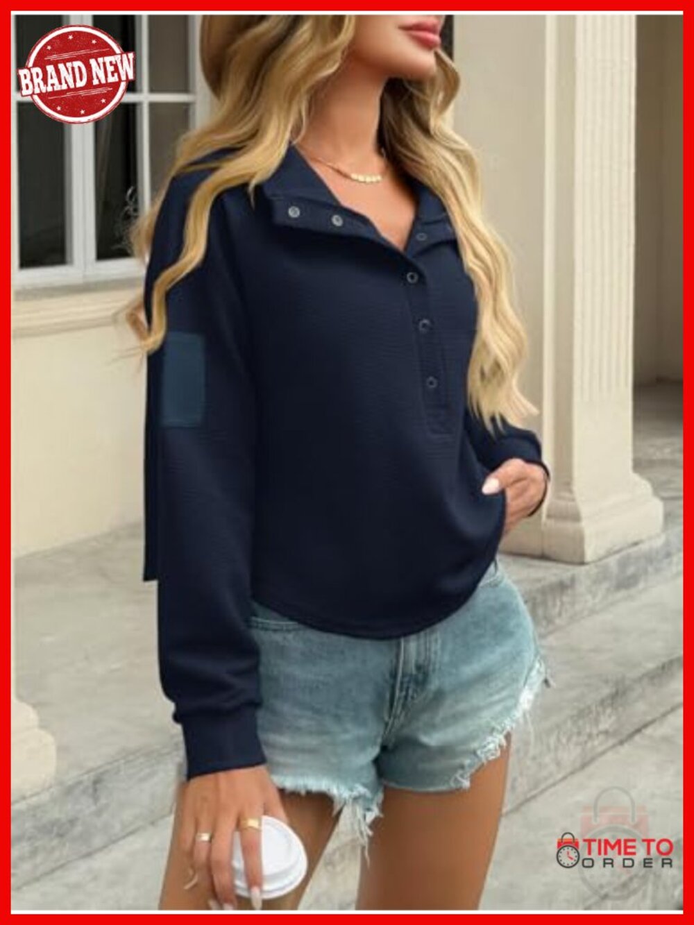 Womens Cropped Henley Neck Snap Button Long Sleeve Sweatshirt Loose Fit - Picture 3 of 6